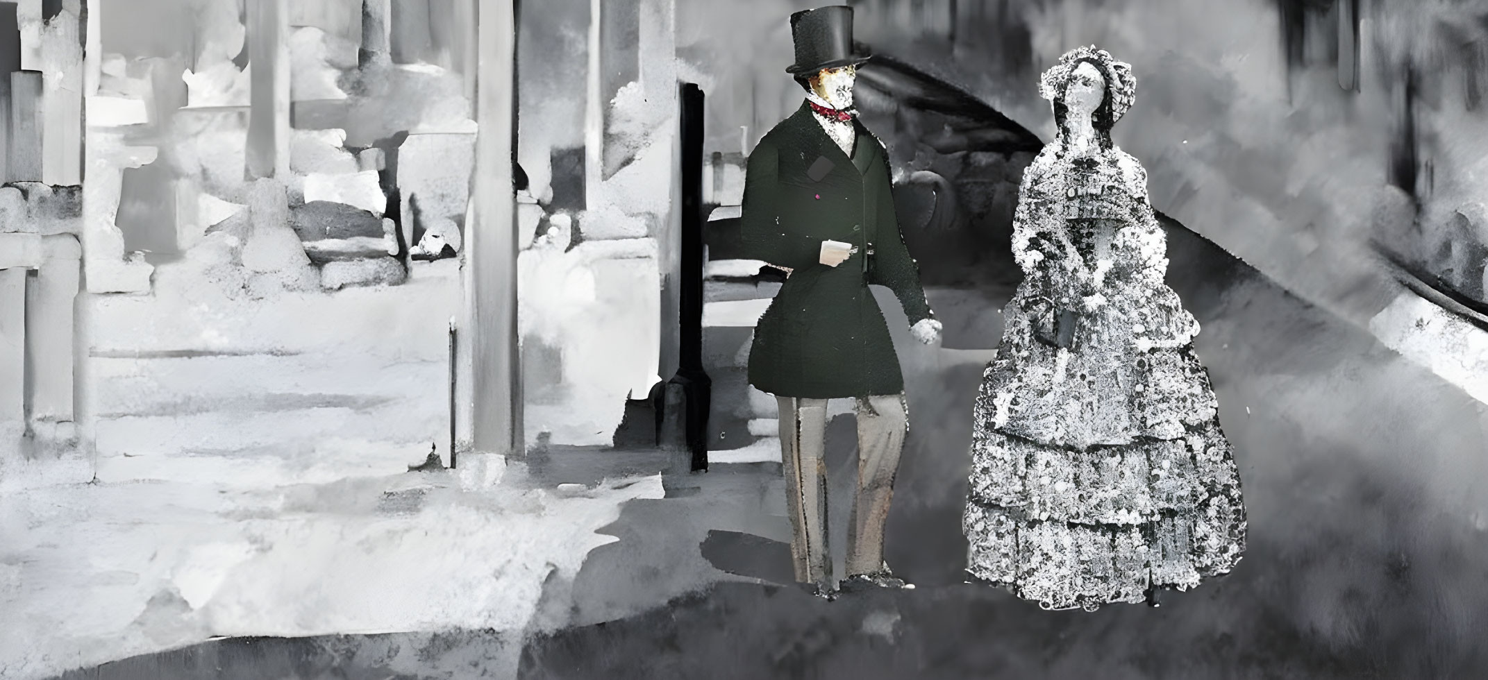 Stylized figures in vintage attire on monochrome backdrop