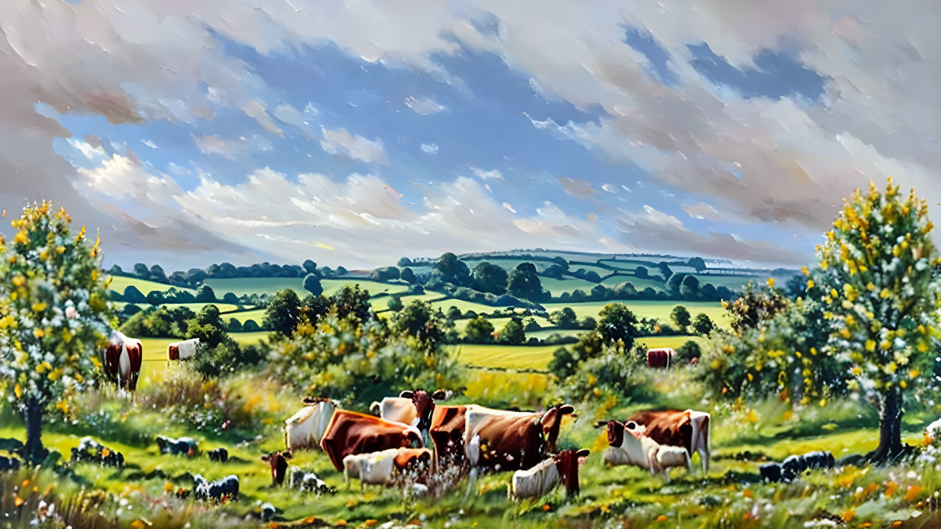 Tranquil rural scene: cows grazing in flower-filled field under dramatic sky