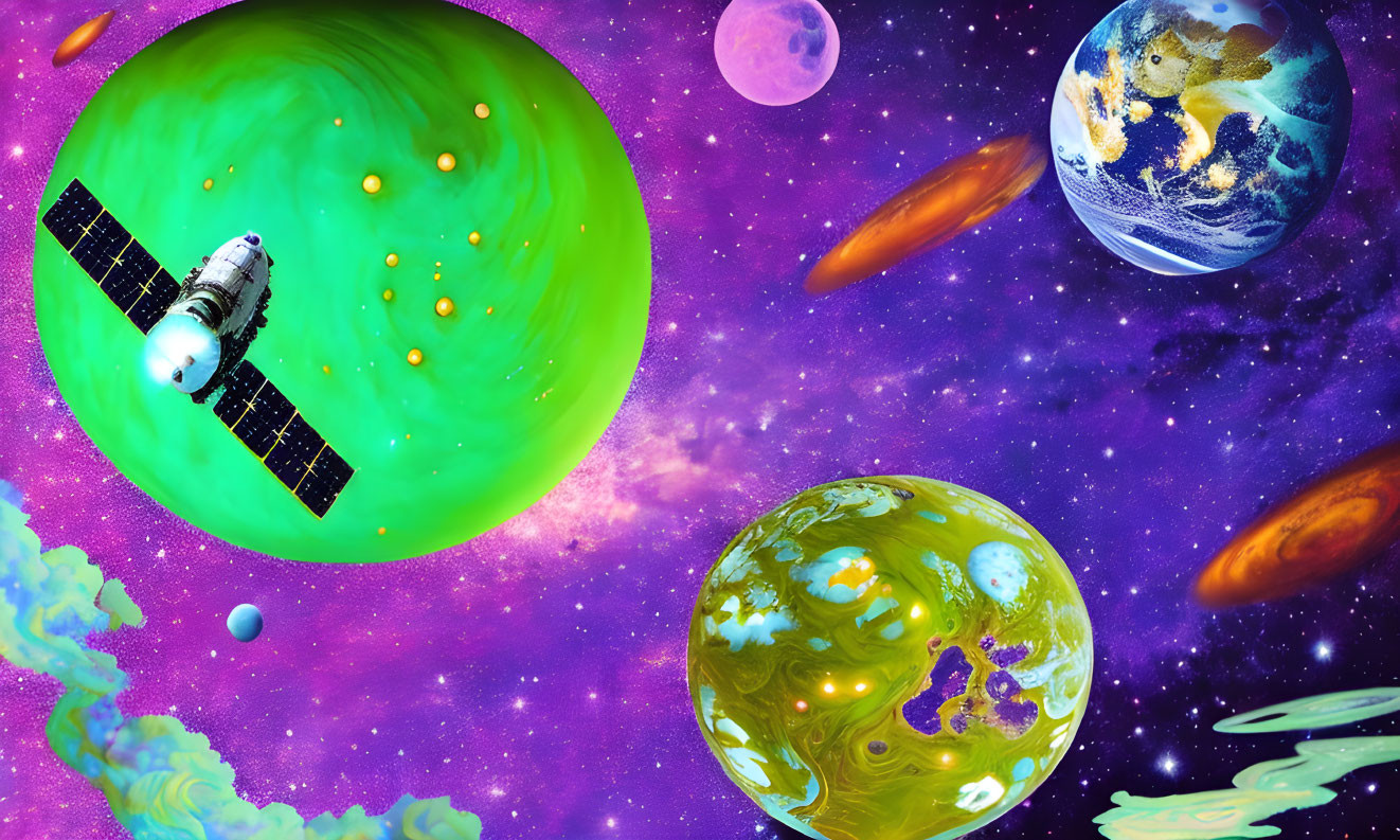 Colorful digital art: Satellite orbits fantastical planets and nebulas