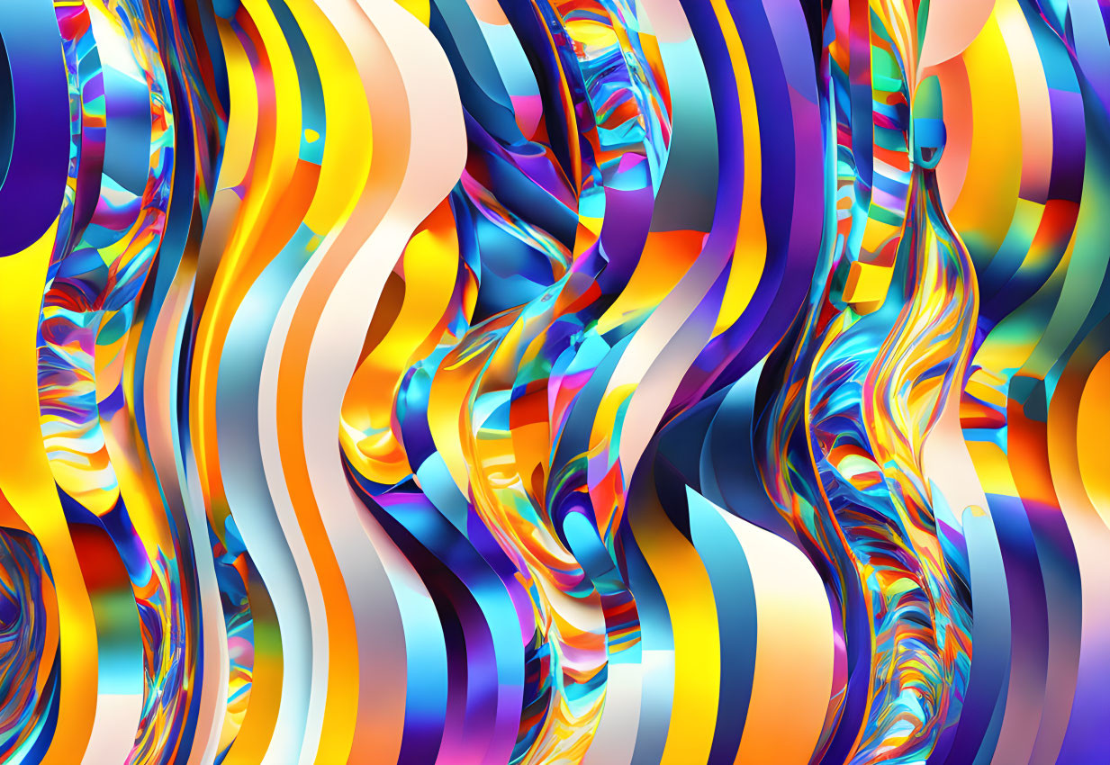 Colorful Abstract Digital Art with Fluid, Wavy Lines in Blue, Orange, Yellow, and Purple
