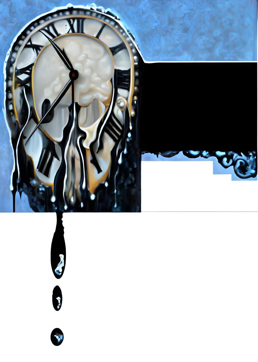 Melting clock with Roman numerals in surreal liquid state on blue-black background