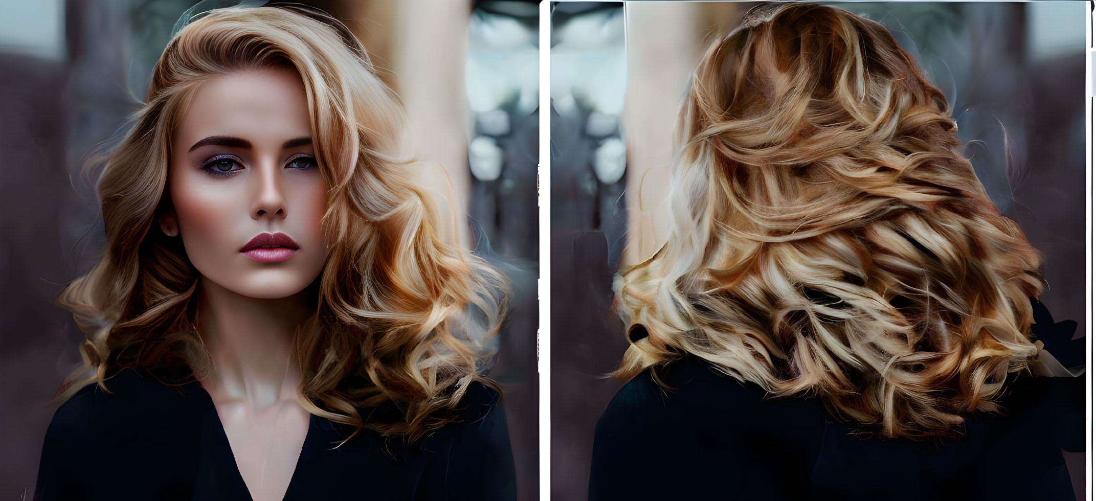 Blonde woman with wavy hair in dark blazer front and back photos