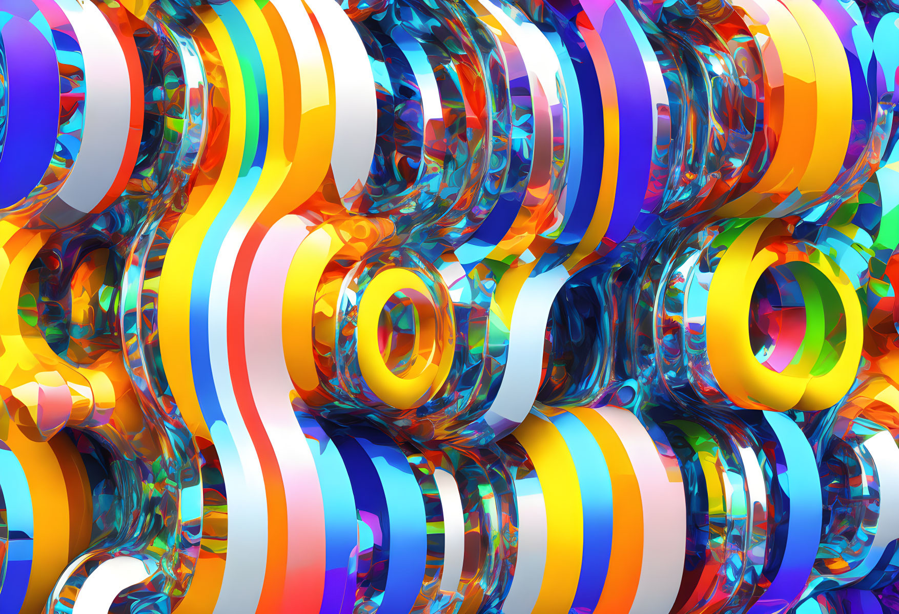 Colorful digital artwork with wavy lines and circular shapes