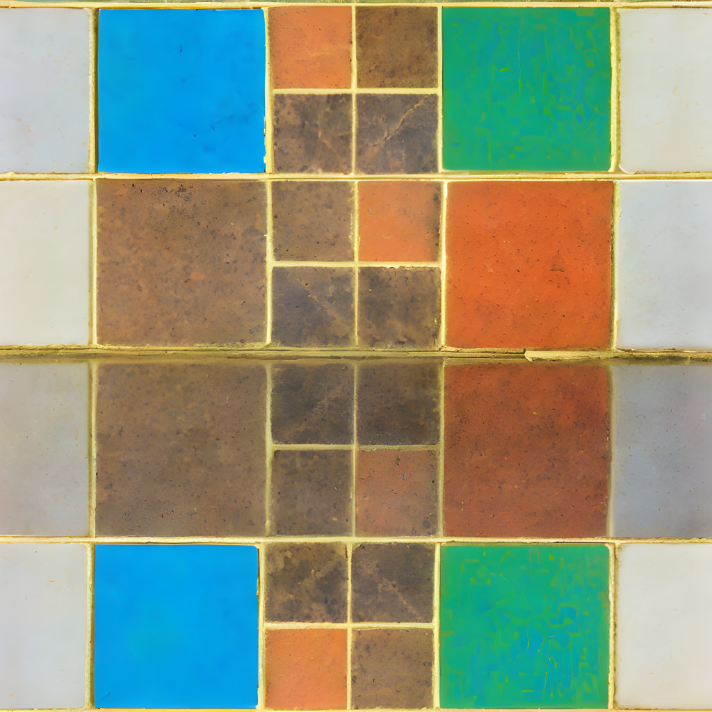 Colorful Ceramic Tile Mosaic in Blue, Green, Orange, and Brown
