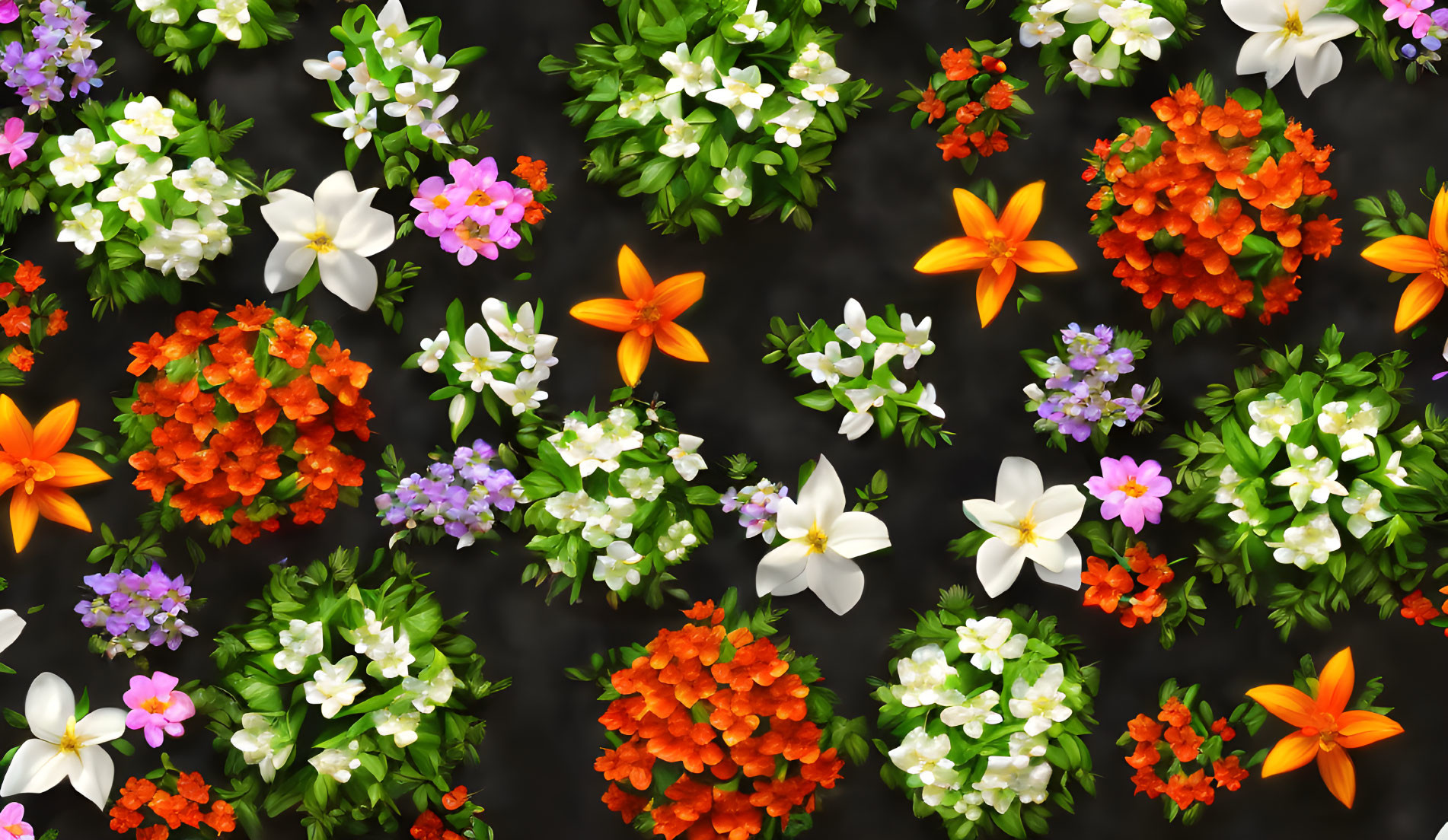 Assorted colorful flowers on dark background - White, orange, purple, red