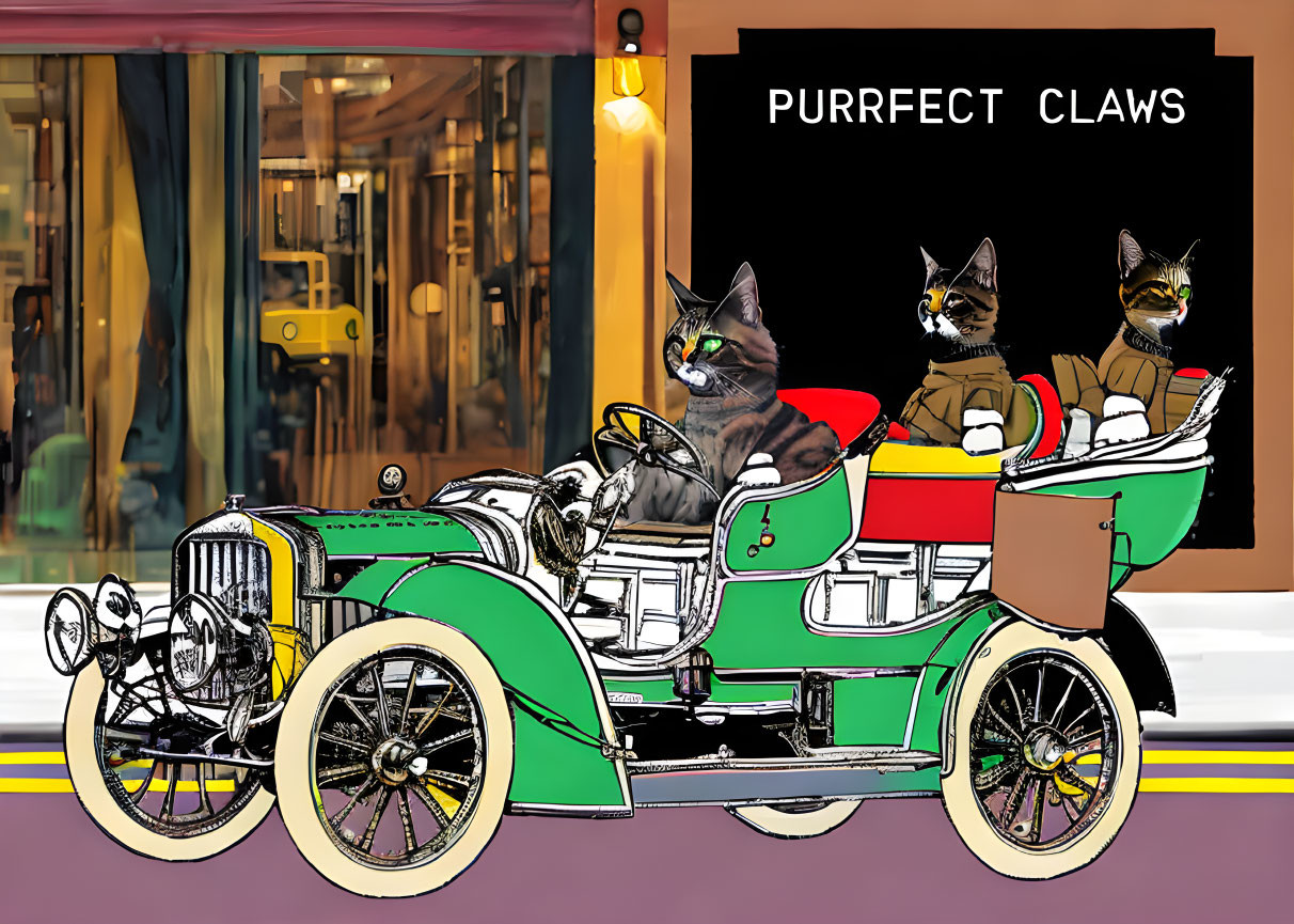 Three cats in goggles and scarves driving a vintage green car with "PURRFECT CLAWS