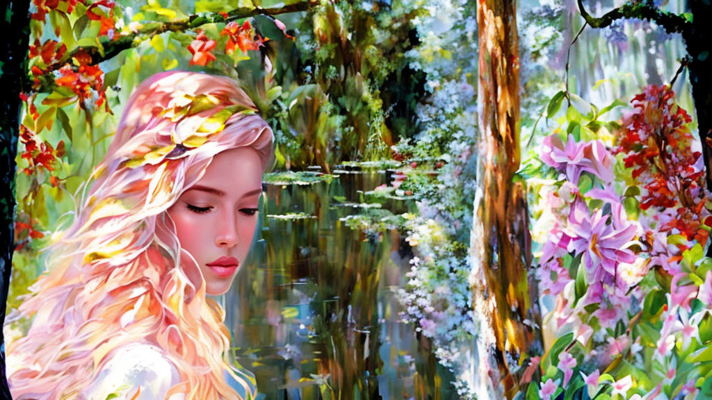 Woman with Golden Hair and Flowers in Colorful Forest Scene