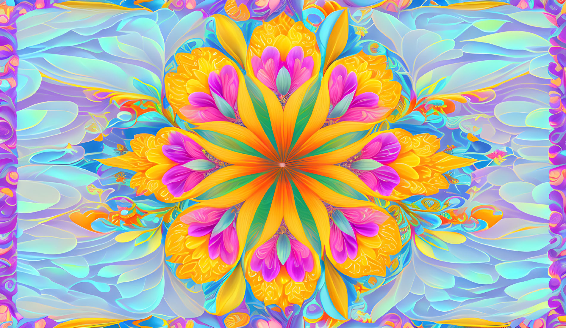 Colorful Floral Kaleidoscope Design in Blue, Orange, and Pink