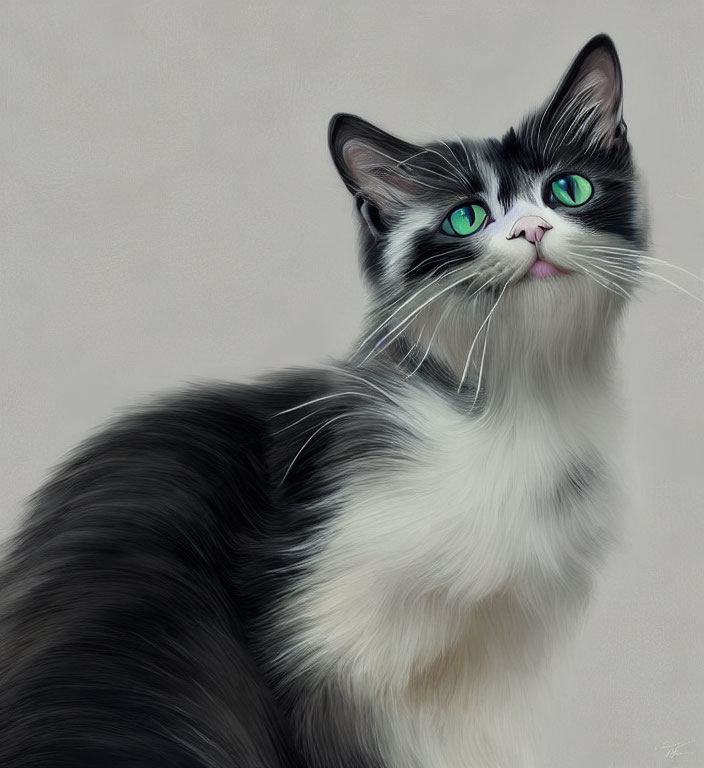 Black and White Cat with Green Eyes and Whiskers on Neutral Background