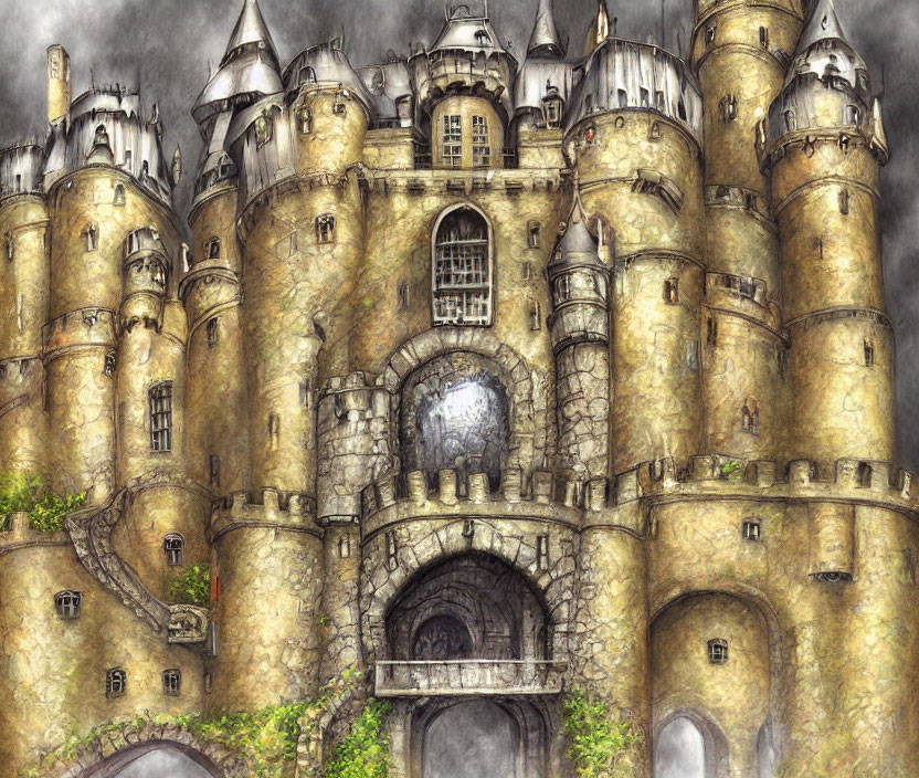 Detailed Drawing of Medieval-Style Stone Castle with Turrets and Towers