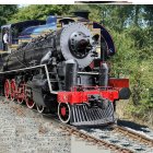 Vintage steam locomotive traveling on tracks through vibrant countryside