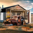Abandoned gas station with vintage signage and rusty car in barren landscape