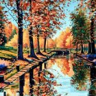 Autumnal park painting with wooden footbridge and colorful foliage