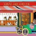 Vibrant cat-themed cafe illustration with feline customers and cat-driven car