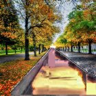 Autumnal park scene with footbridge over reflective waterway