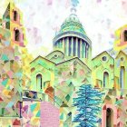 Abstract geometric cathedral with colorful mosaic detailing