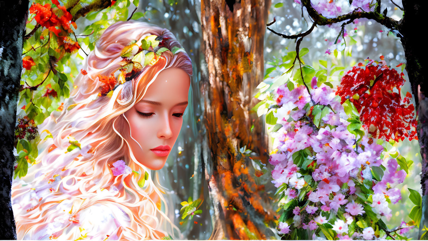 Digital Art: Woman with Floral Hair in Autumn and Spring Scene