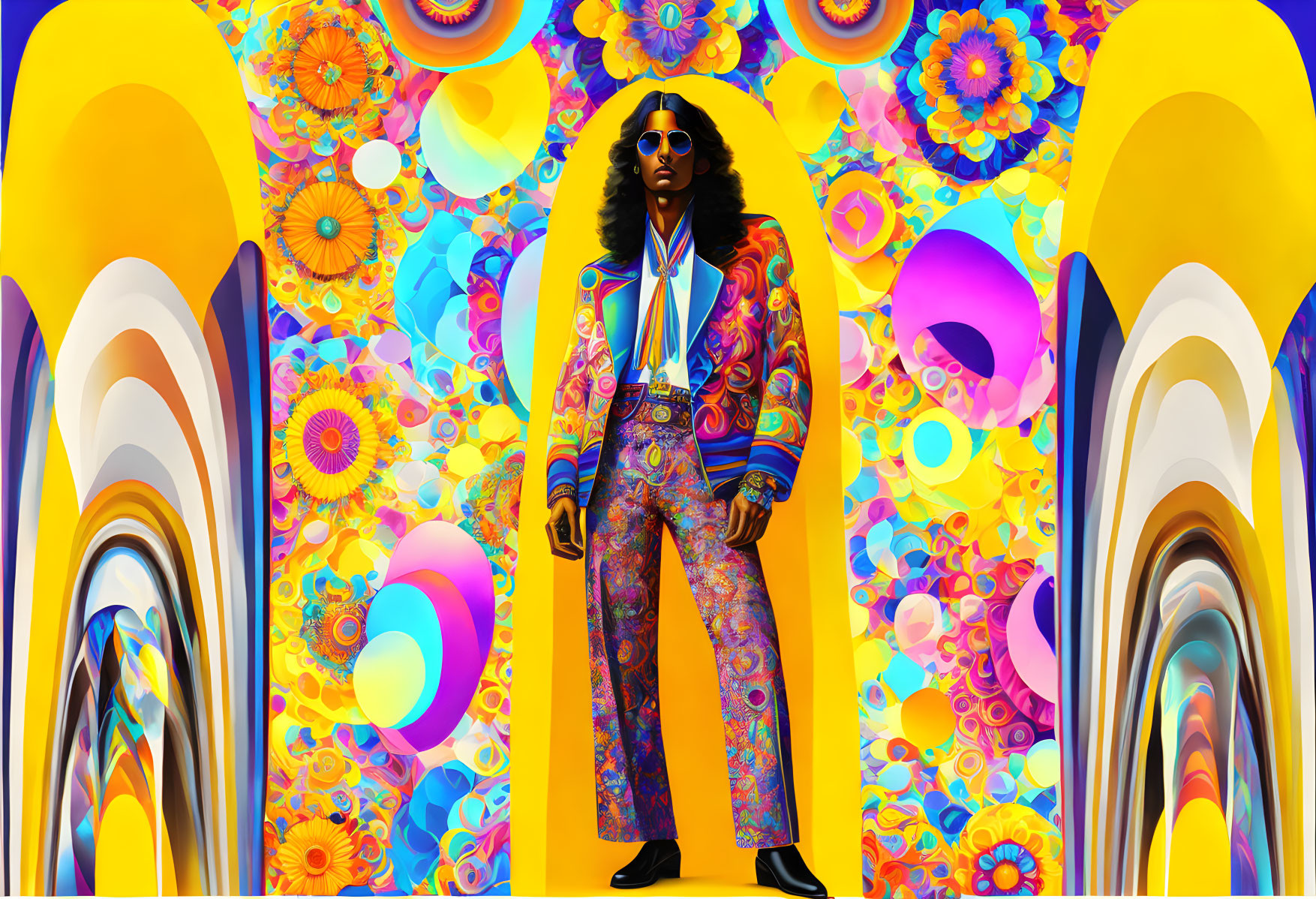 Colorful Psychedelic Suit Amid Vibrant Flower Patterns