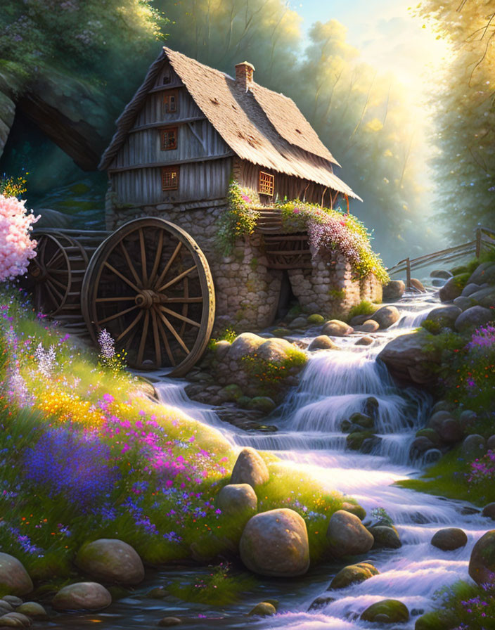 Tranquil watermill by lush stream and sunlit greenery