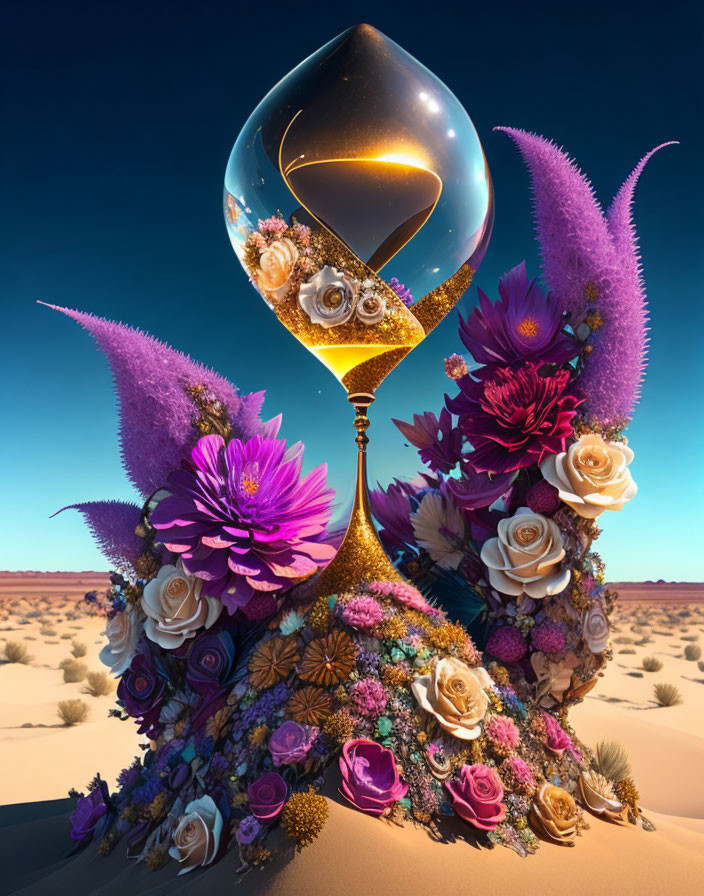 Surreal image: Overflowing hourglass with liquid gold, colorful flowers, desert backdrop