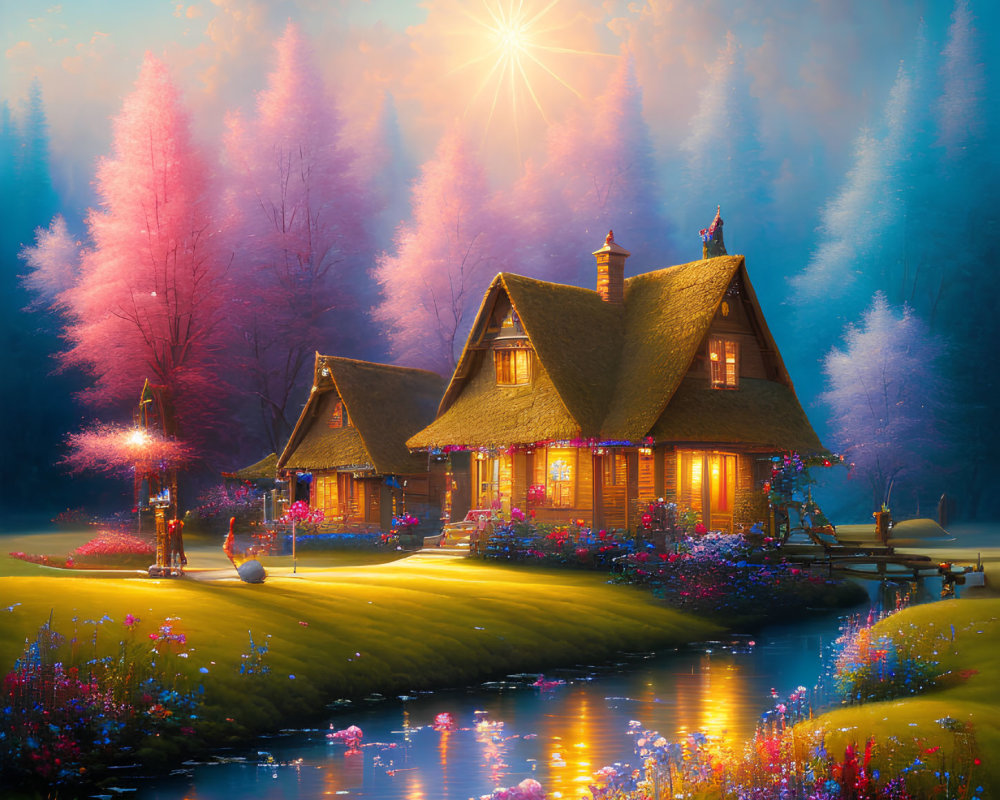 Thatched roof cottage in colorful garden by serene pond under pastel sky