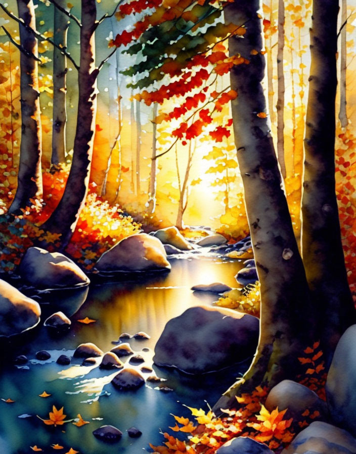 Autumn forest watercolor painting with stream and sunlight
