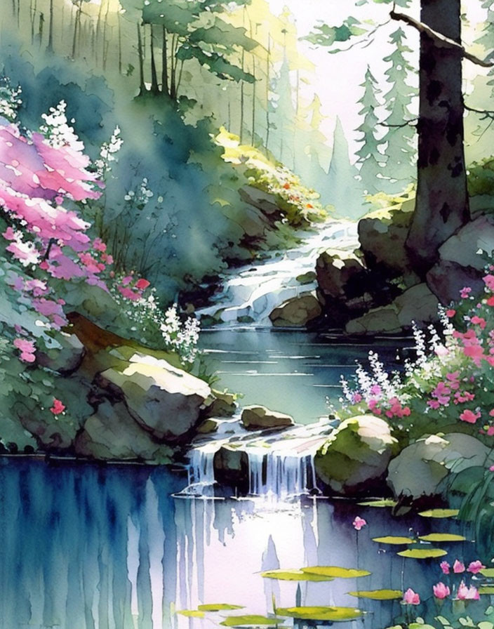Tranquil watercolor painting of serene forest scene with waterfall and blooming flowers