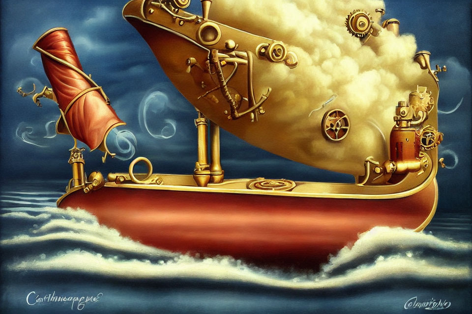 Steampunk-style ship with mechanical details sailing in blue sky