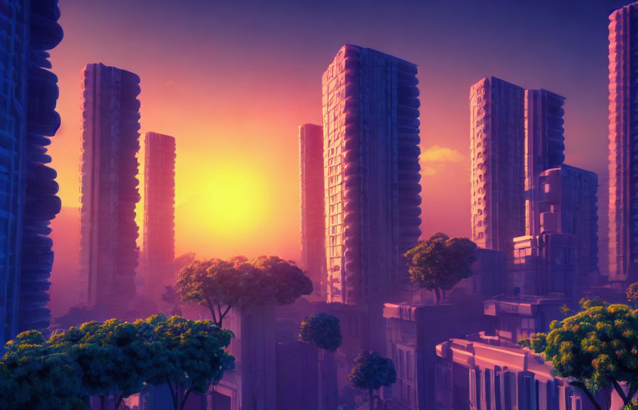 Surreal cityscape with purple and orange glow, high-rise buildings, and lush trees