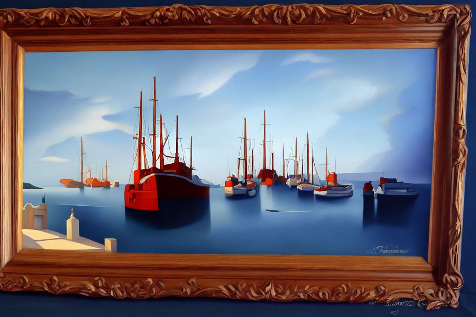 Surreal red and blue boats painting in detailed frame