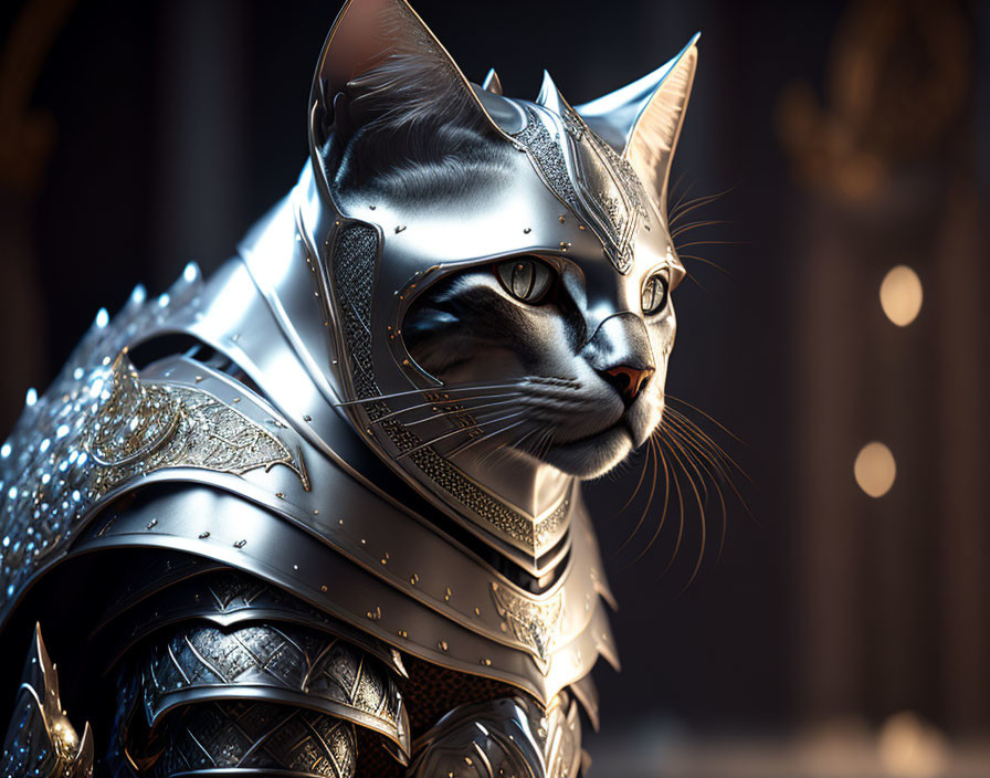 Detailed Medieval Armor Cat in Reflective Helmet on Dark Background