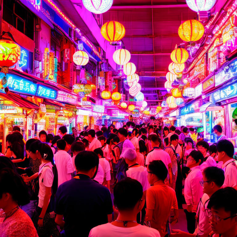 Vibrant night market with glowing lanterns and neon signs