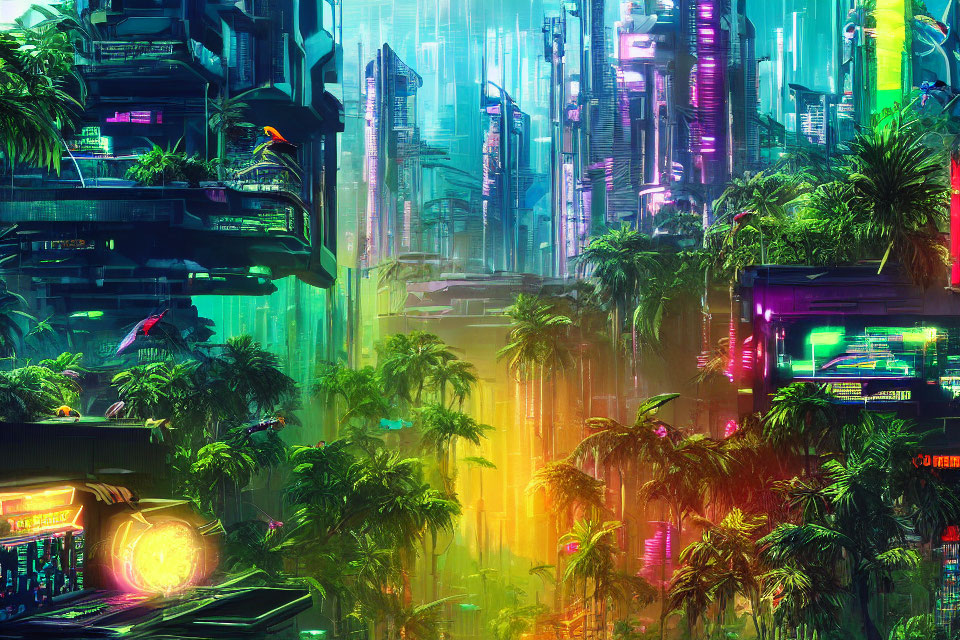 Futuristic cyberpunk cityscape with neon lights and nature blend