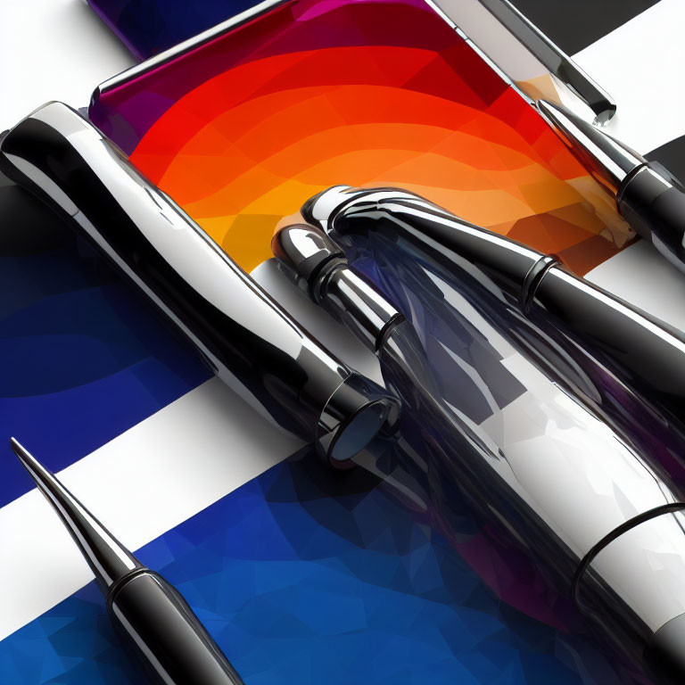 Colorful 3D Illustration of Sleek Fountain Pens on Overlapping Panels
