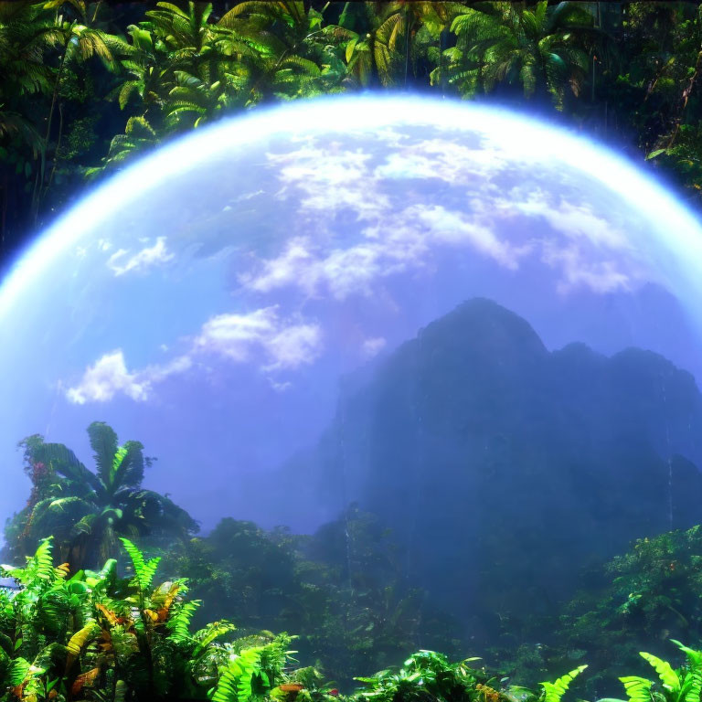 Surreal planet in clear blue sky over lush green forest