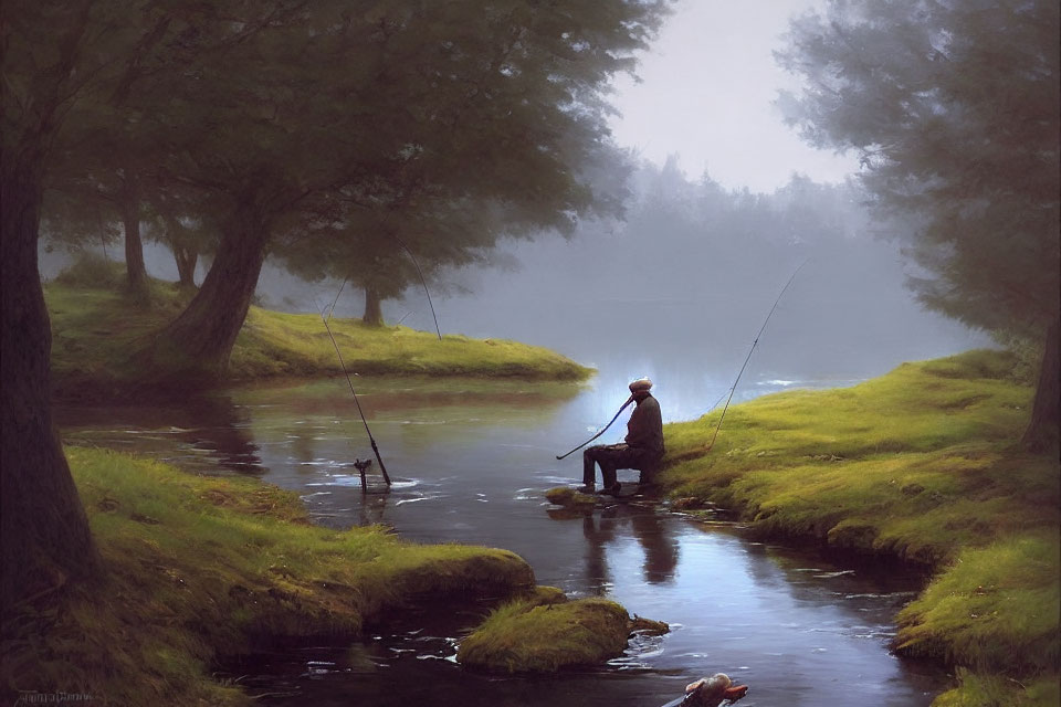 Tranquil riverbank scene with person fishing in misty ambiance