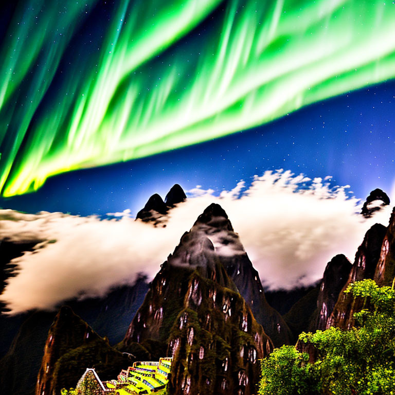 Majestic Aurora Borealis over Cloudy Mountain Peaks