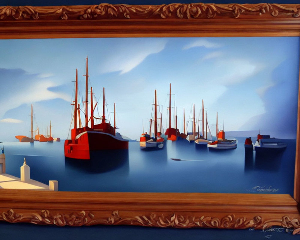 Surreal red and blue boats painting in detailed frame
