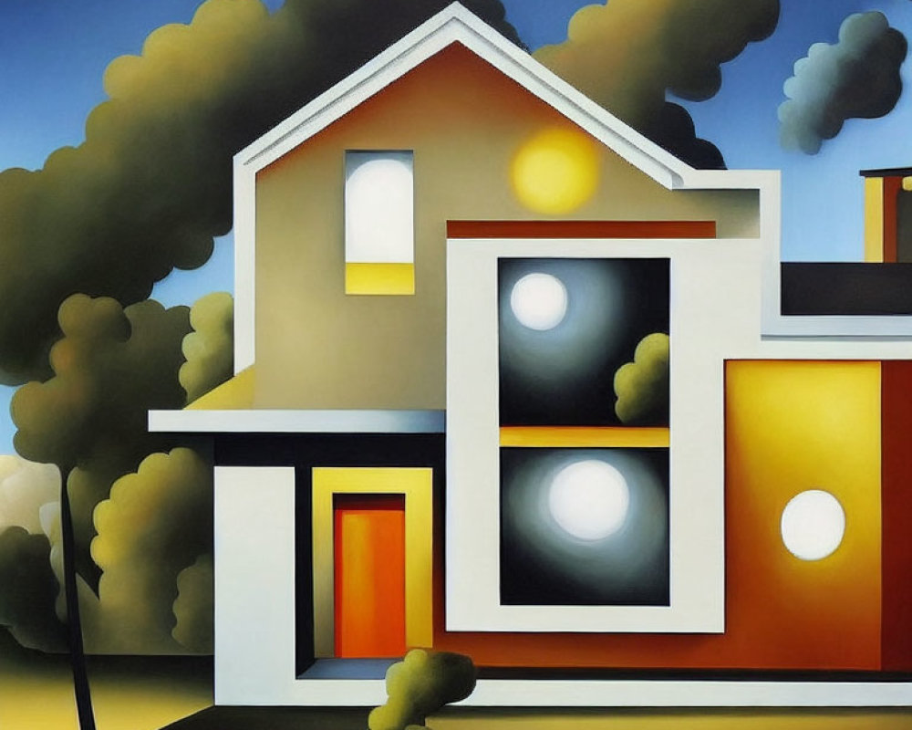 Surreal house painting with exaggerated spherical shapes