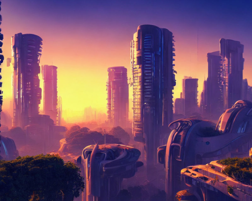 Futuristic cityscape at sunset with sleek skyscrapers and advanced transportation systems