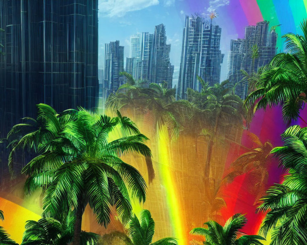 Futuristic cityscape digital art with skyscrapers, palm trees, and rainbow