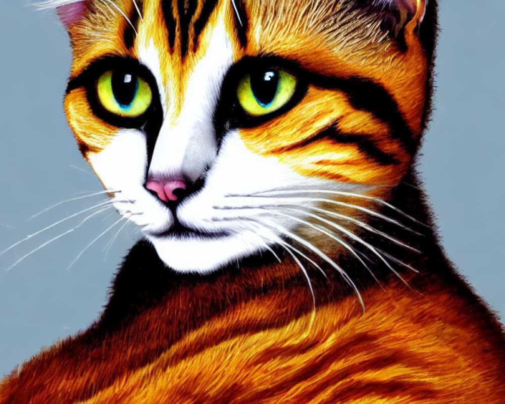 Colorful cat portrait with green eyes and orange stripes on gray background