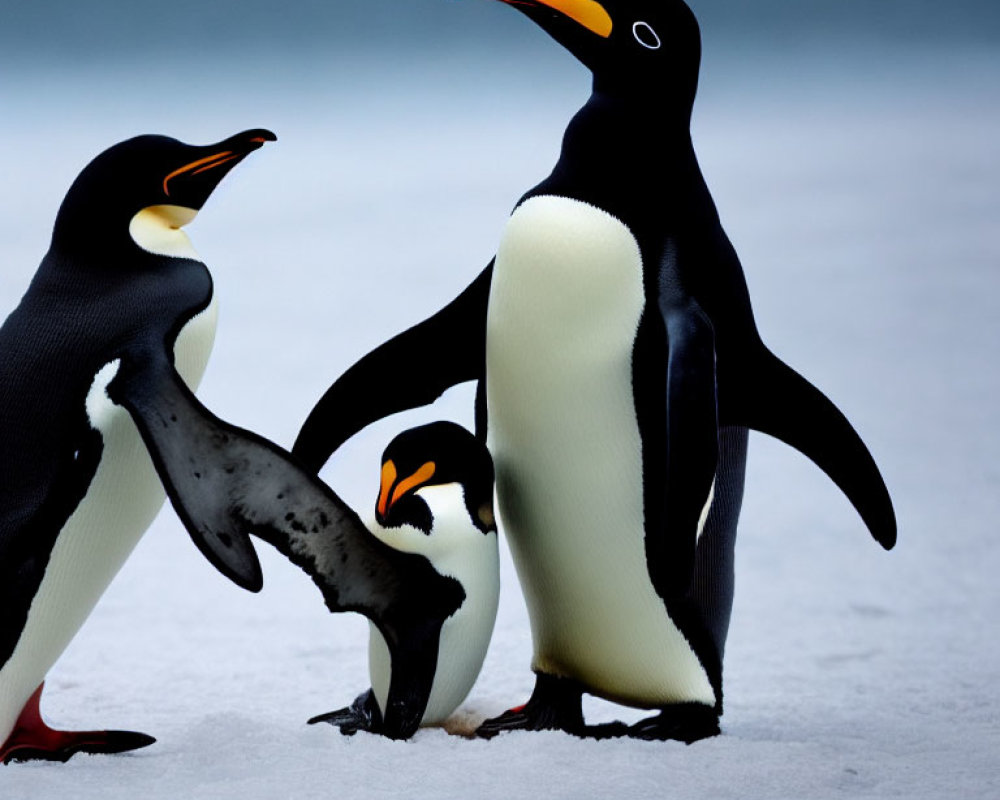 King Penguins in Snowy Setting: 3 Penguins, 1 Standing