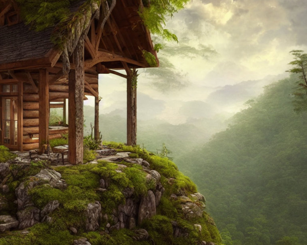 Wooden Cabin on Green Cliff with Foggy Mountains