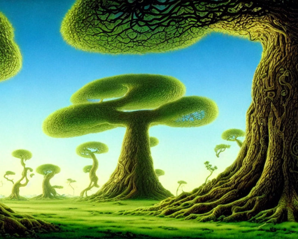 Surreal fantasy landscape with mushroom-shaped trees