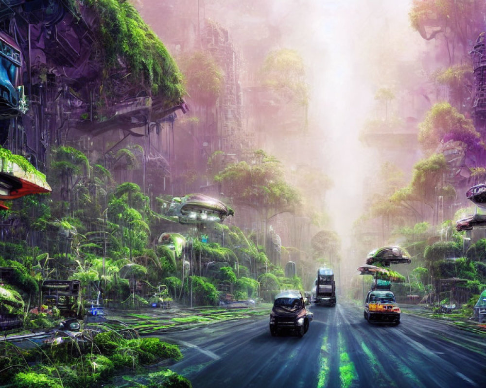 Futuristic cityscape with overgrown jungle and advanced vehicles blending among high-tech structures