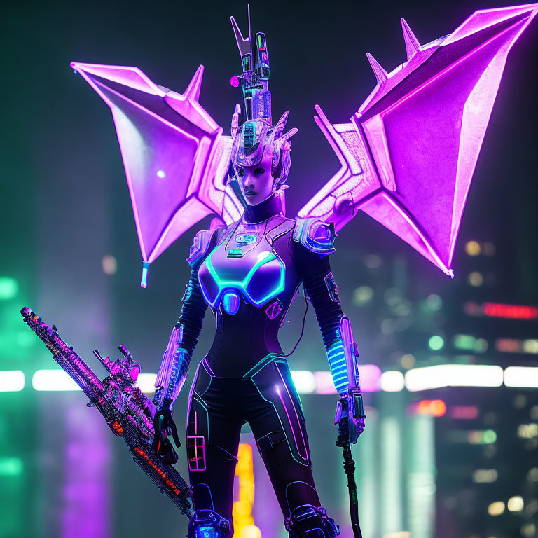 Futuristic female character in neon cityscape with advanced armor and high-tech weapon