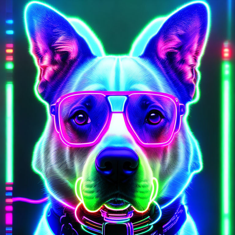 Neon-colored digital art of a dog with glasses