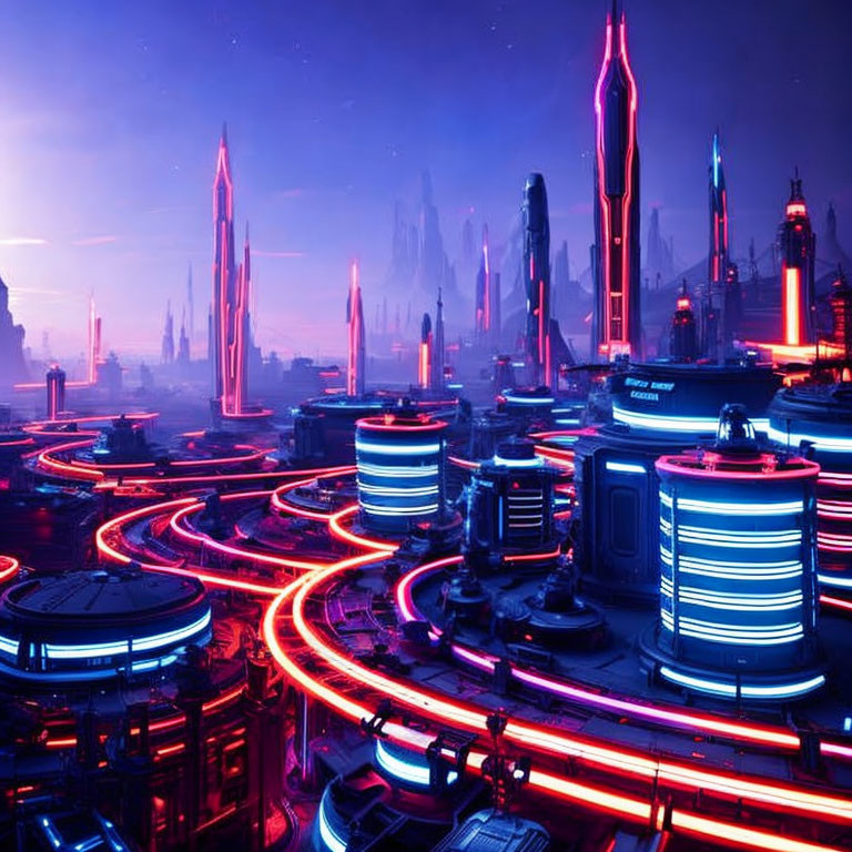 Vibrant futuristic cityscape at night with neon lights and skyscrapers