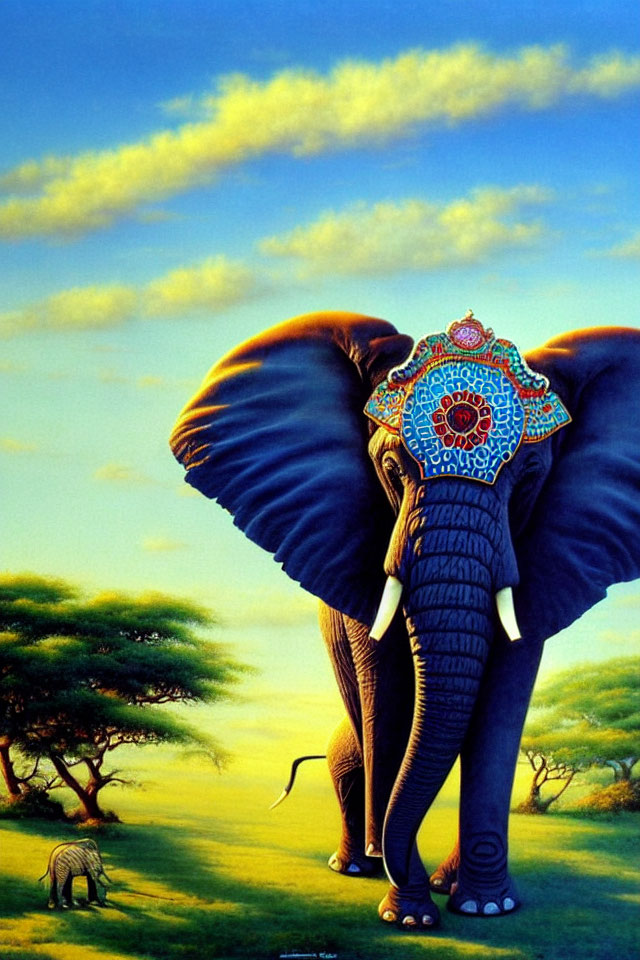Colorful Elephant Painting in Grassland with Blue Sky
